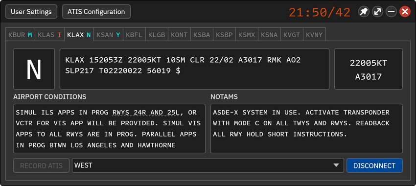 The vATIS main window showing an ATIS for KLAX